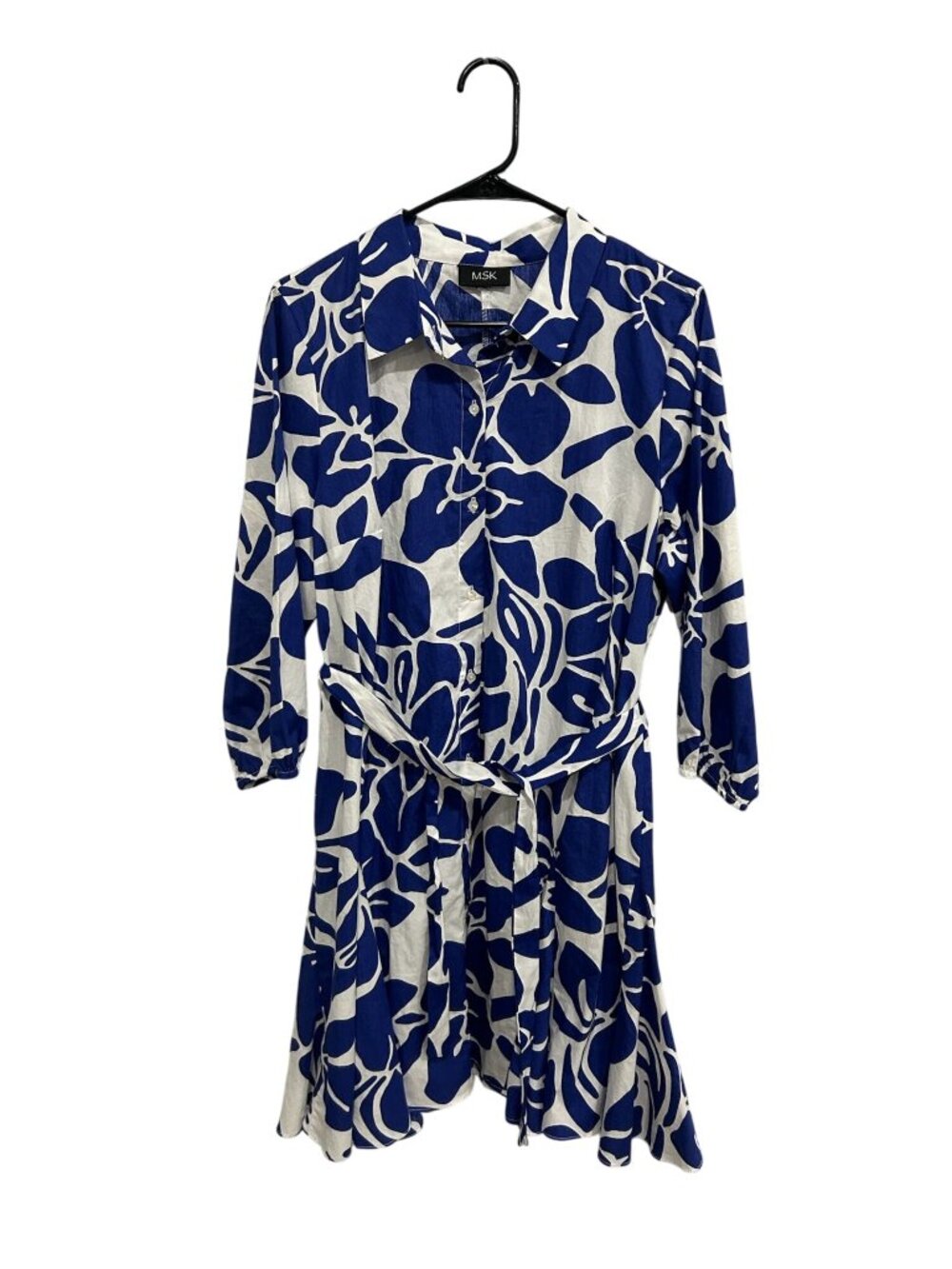 MSK Large Blue White Floral Print Shirt Dress Tie Waist 3/4 Sleeves Retro